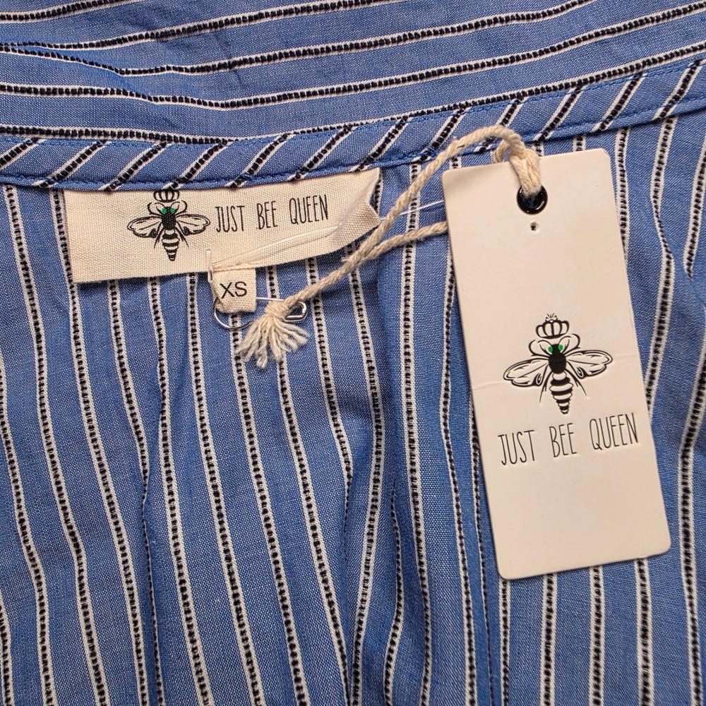 Just Bee Queen Blue Striped Ruched Crop Top Portrait Collar XS New Nautical - Picture 3 of 10